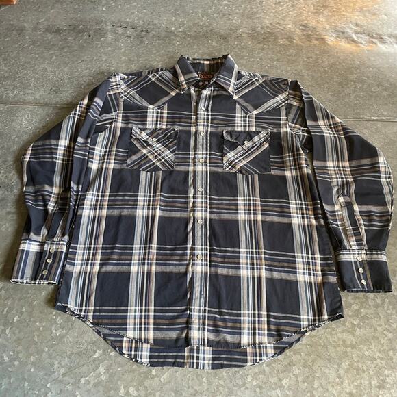 Plains Western Wear Pearl Snap Button Shirt Mens Medium Blue Plaid Vintage 90s - Picture 2 of 7
